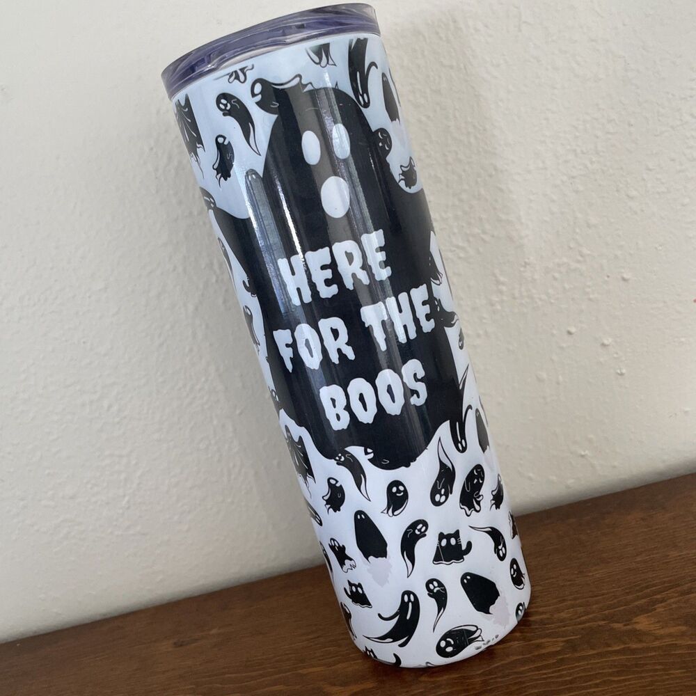 Halloween Ghosts “Here For The Boos” Stainless Steel Tumbler Cup Lid Sip 22‎ oz